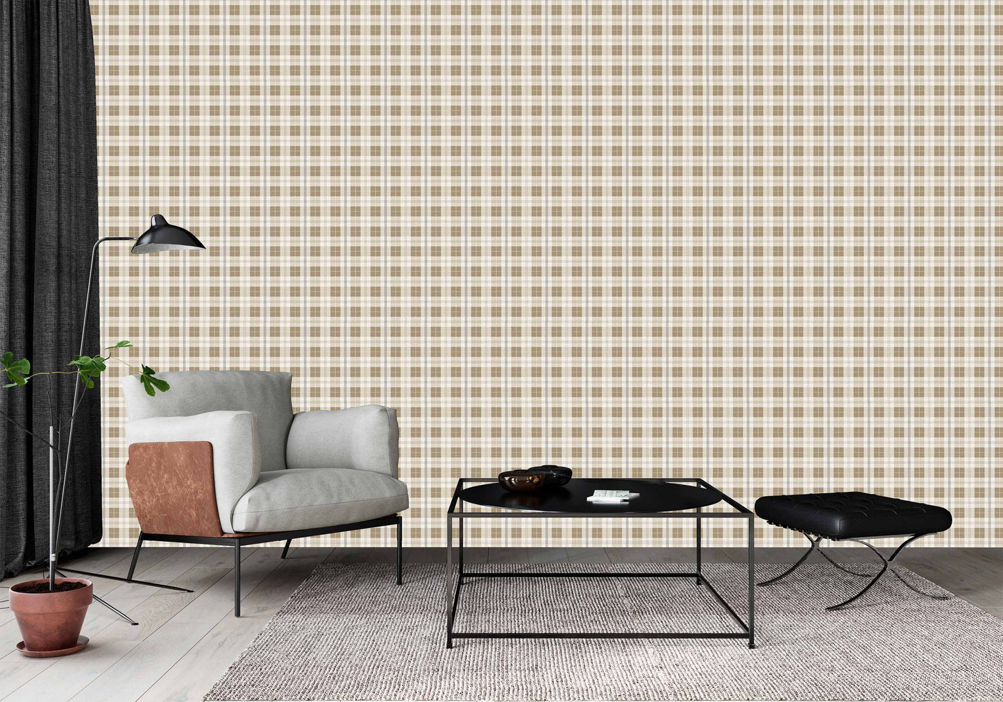 tan_wallpaper with a beige and white plaid pattern set in a sitting room