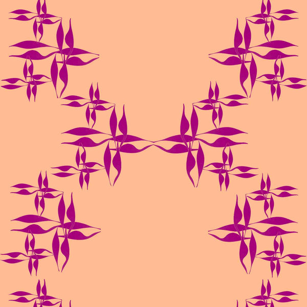 peach-fuzz-violet_wallpaper showing a repeated pattern of purple floral designs on a orange background.