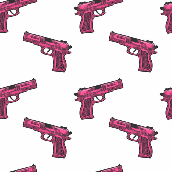 pink_A patterned wallpaper featuring a repeated motif of pink hand guns on a white background.