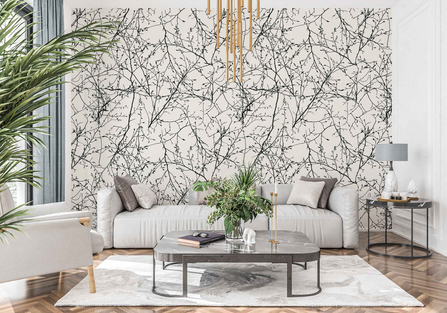 alabaster_A wallpaper with a pattern of black branches against a alabaster background in a living room with white couch