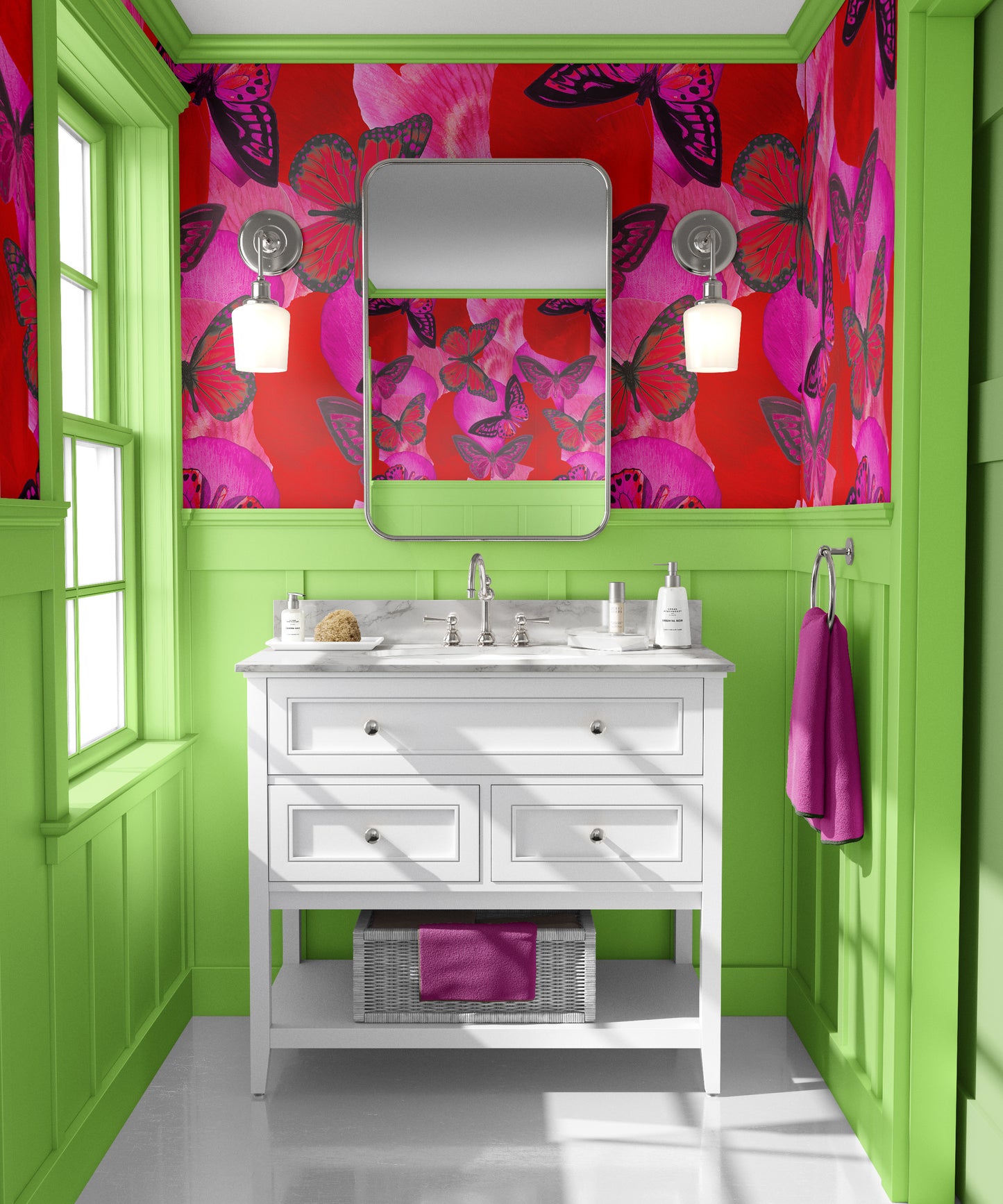 pink_A vibrant wallpaper featuring a pattern of pink and red butterflies with detailed wings over a red background with pink floral accents in a green bathroom