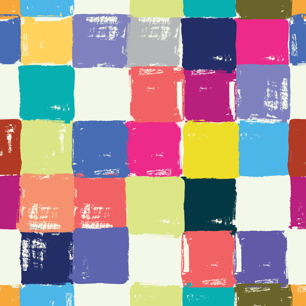 colorful_A colorful geometric patterned wallpaper featuring square tiles in various colors such as orange, pink, purple, teal, and yellow.