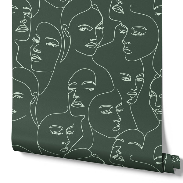 mint_A wallpaper featuring abstract face line art in a boho style with mint lines and green background