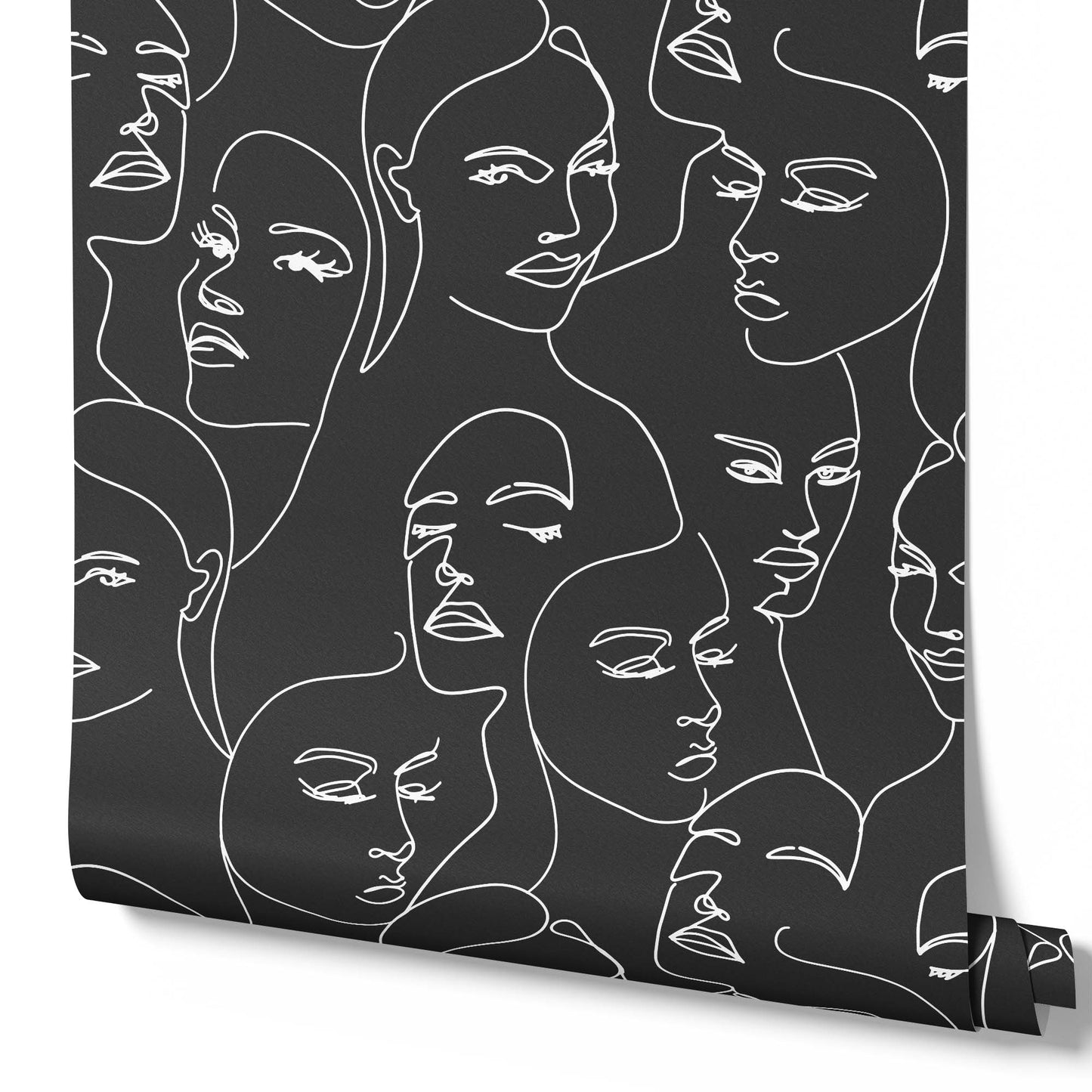 white_A wallpaper featuring abstract face line art in a boho style with white lines and black background