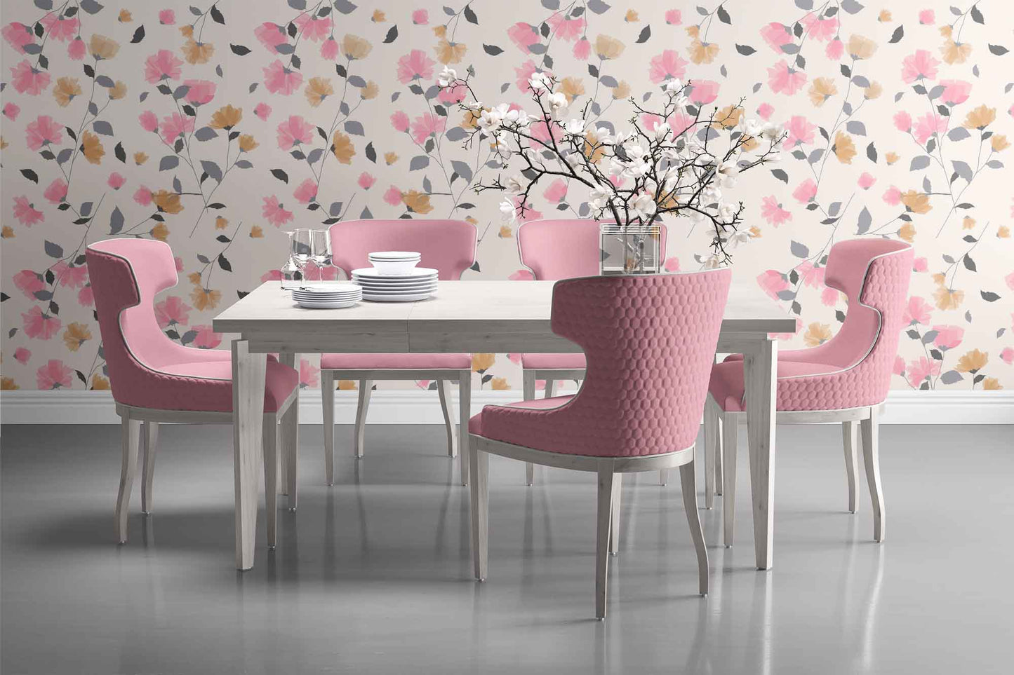 cream_delicate floral wallpaper featuring a soft and subtle color palette. The design includes an array of stylized flowers in shades of pink and brown, interspersed with elegant leaf patterns, creating a traditional yet charming aesthetic in a formal dining room with pink chairs