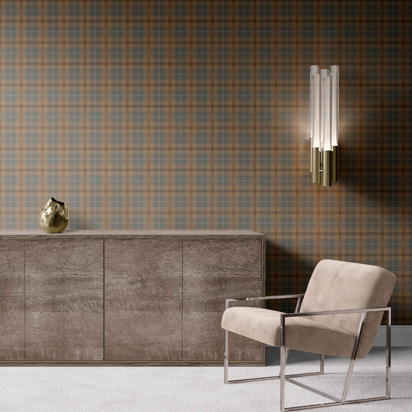 brown_plaid patterned wallpaper in shades of beige, gray, and brown.