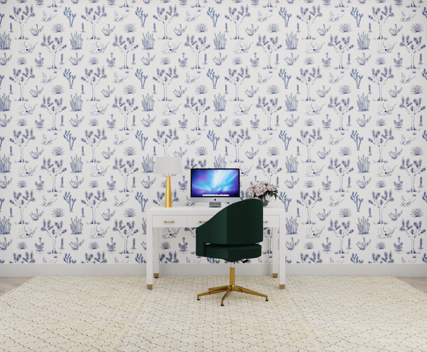 blue_A wallpaper featuring a repeating pattern of hand-drawn illustrations of various desert plants and cacti in blue on a white background.