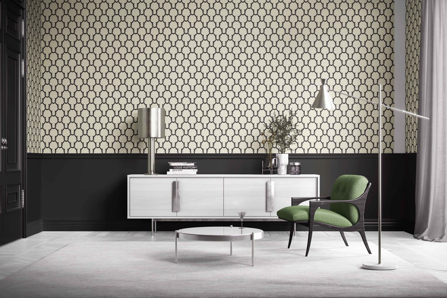 black_A roll of wallpaper with a beige and black geometric pattern featuring shapes resembling horseshoes, consistent with equestrian themes.
