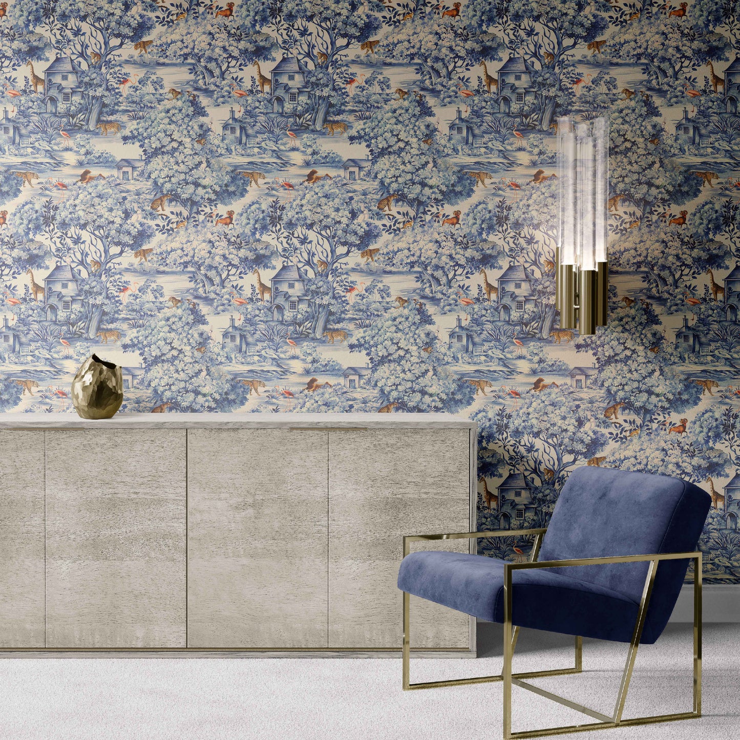 cream_Traditional wallpaper featuring a blue and white toile pattern with animals such as giraffes, lions, and flamingos, along with a depiction of a house and trees.