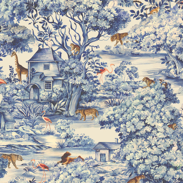 cream_Traditional wallpaper featuring a blue and white toile pattern with animals such as giraffes, lions, and flamingos, along with a depiction of a house and trees.