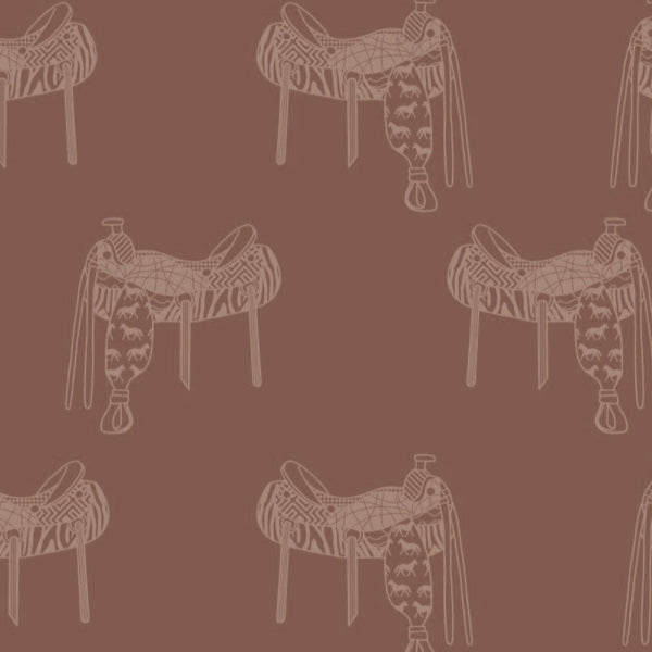 brown_A wallpaper featuring a pattern of illustrated saddles on a brown background.