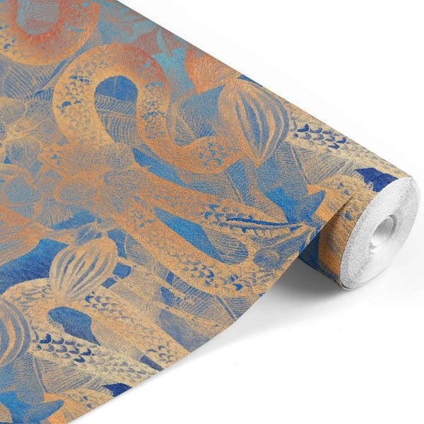 blue_Lush, decorative pattern featuring intertwining serpents and stylized florals rendered in metallic gold tones over a rich blue background, creating an ornate, luxurious, and slightly exotic aesthetic.
