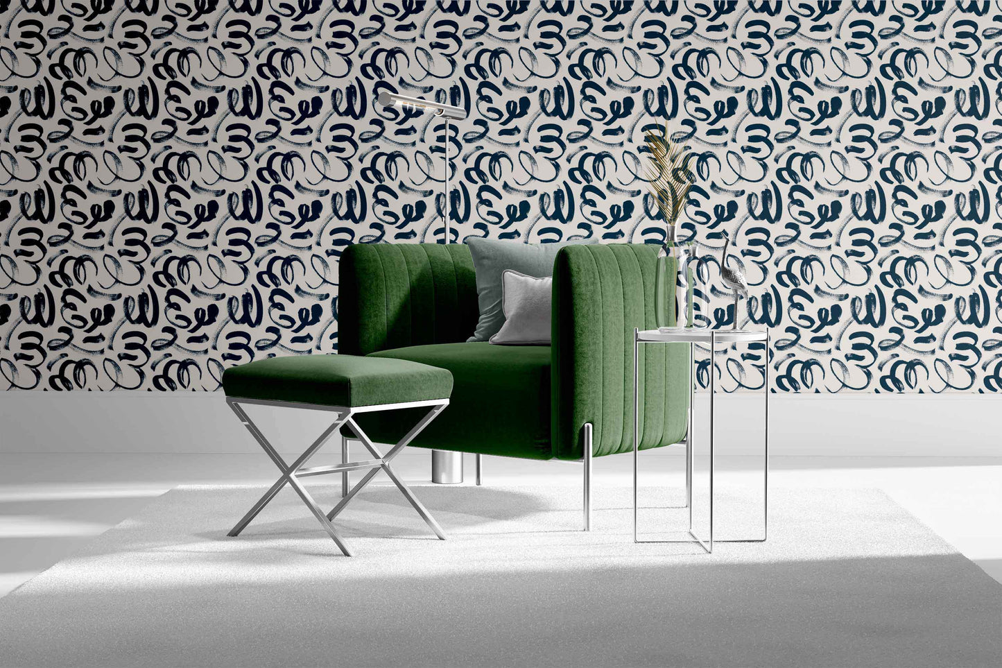 navy_Abstract painterly pattern featuring bold, gestural brushstrokes and looping forms in deep navy on a soft off-white background, creating a dynamic, hand-painted look with expressive movement in a room with a green chair.
