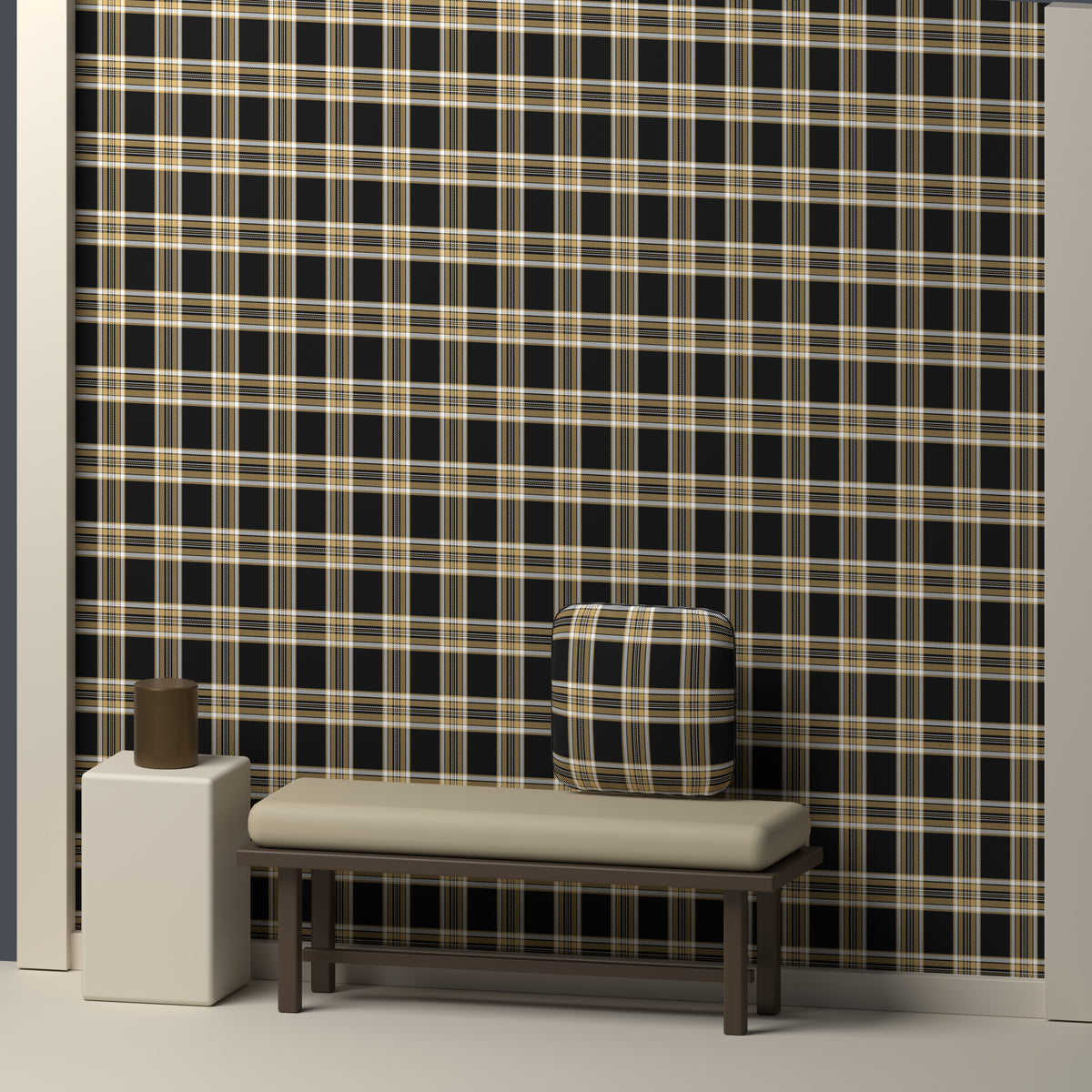 Near Black, Antique Gold & White · Palette 034 — Alderwick — In a room