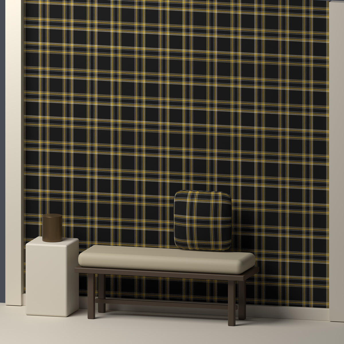 Near Black, Antique Gold & White · Palette 016 — Tailored — In a room