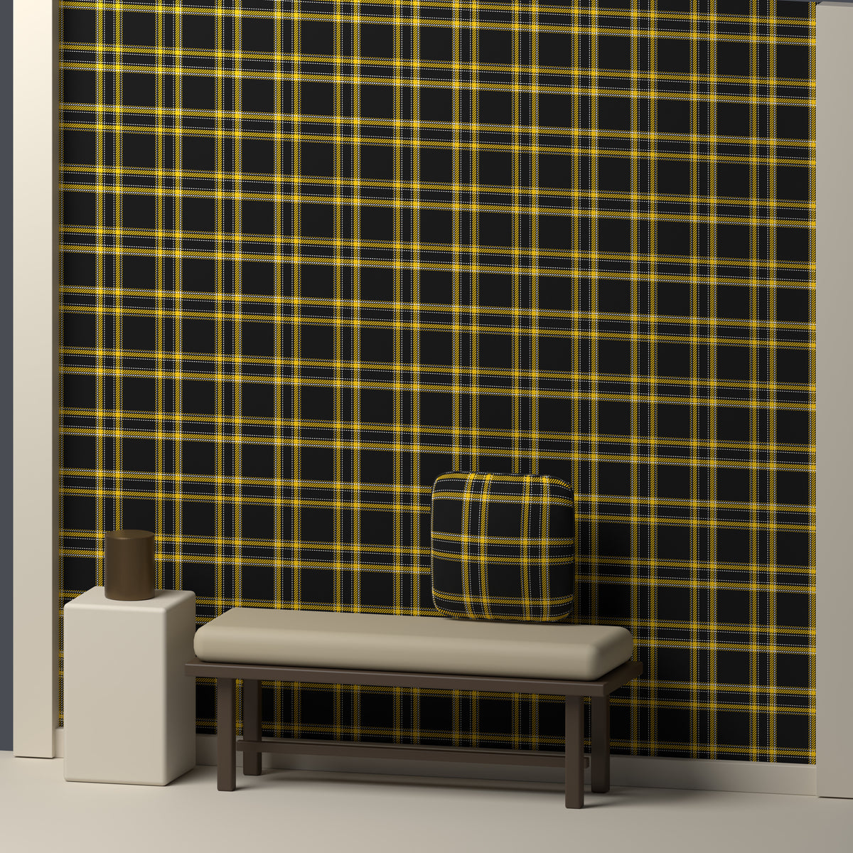 Near Black, Golden Yellow & White · Palette 046 — Tailored — In a room