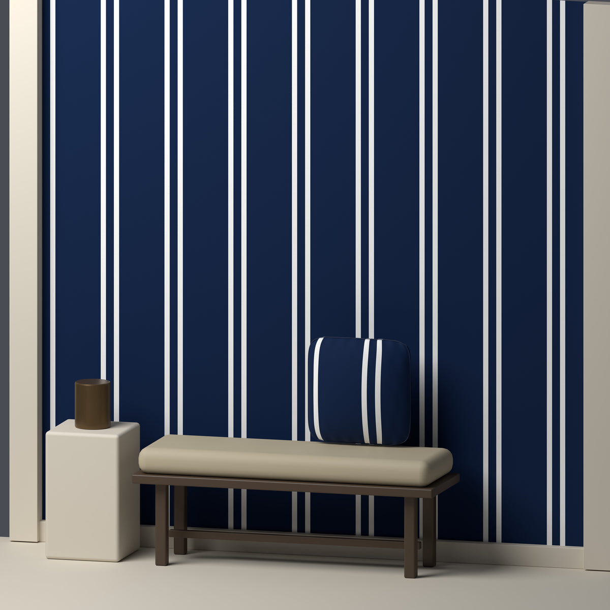 Deep Navy, White & Silver Gray — Double Track — In a room