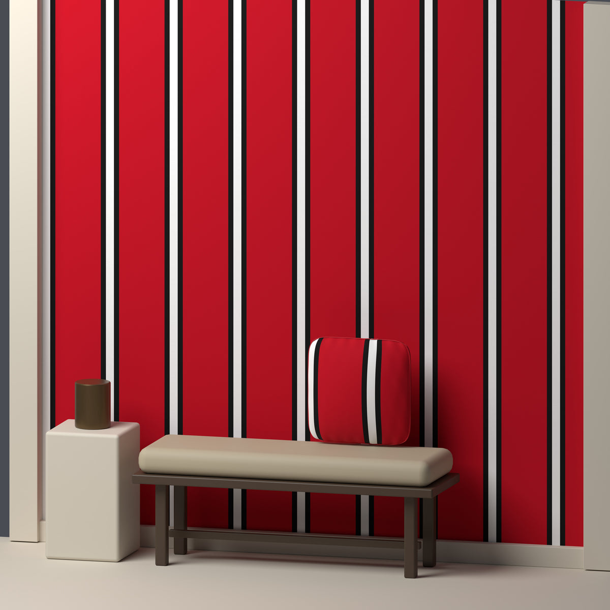 Red, Near Black & White · Palette 008 — Double Track Trio — In a room