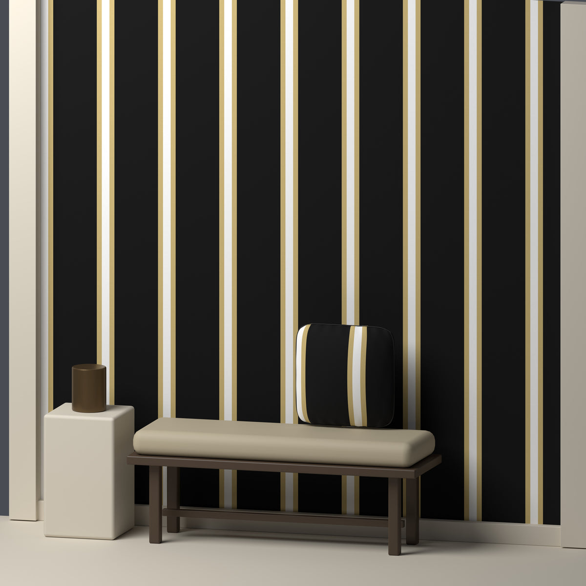 Near Black, Champagne Gold & White — Double Track Trio — In a room
