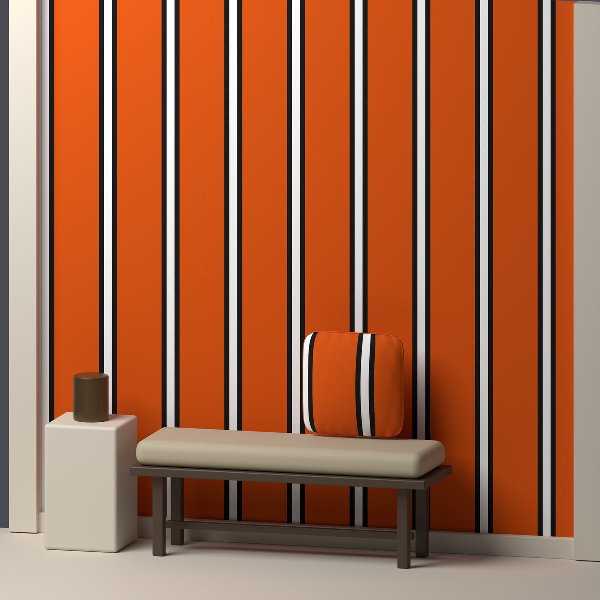 Orange, Near Black & White · Palette 014 — Double Track Trio — In a room