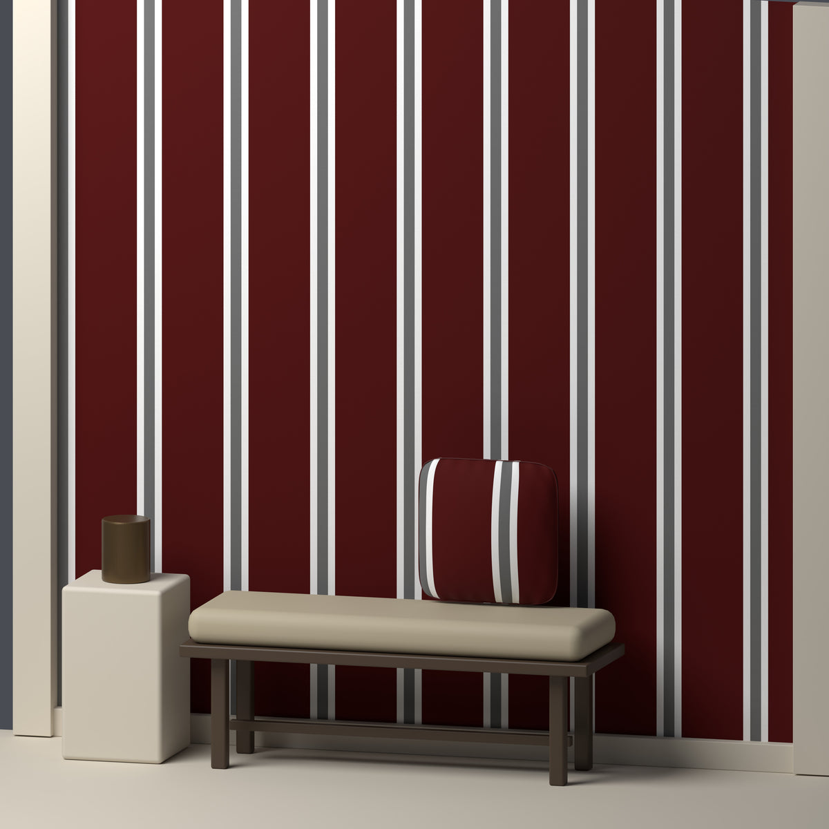 Deep Maroon, White & Gray — Double Track Trio — In a room
