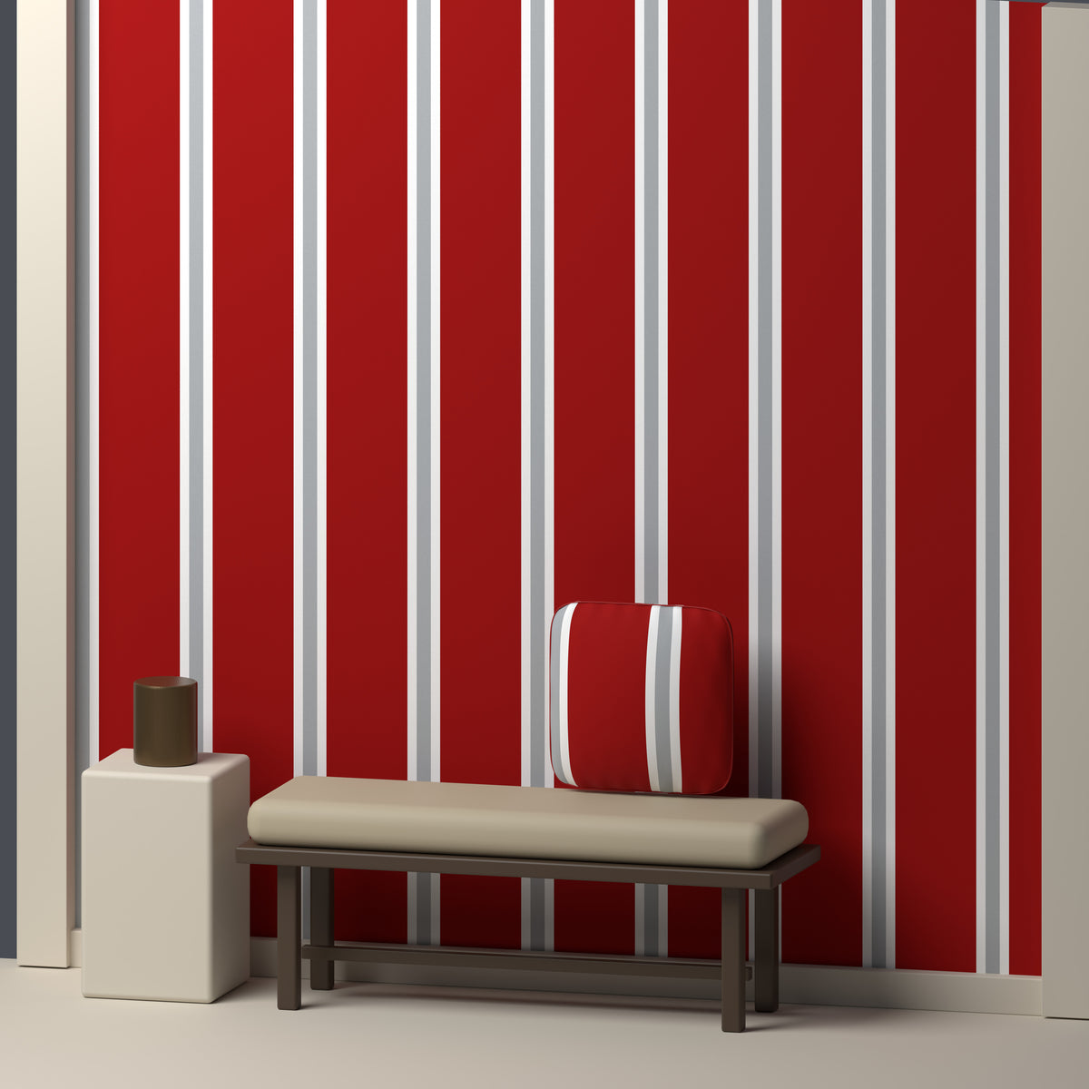 Deep Red, White & Silver Gray — Double Track Trio — In a room