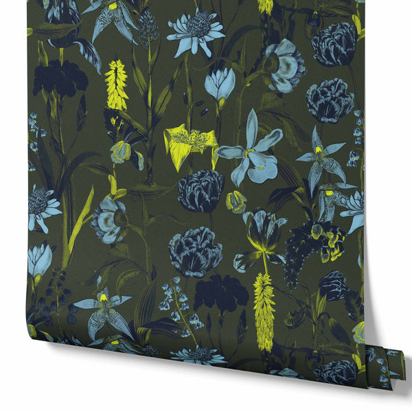 green_wallpaper displaying a floral pattern with various flowers in shades of dark blue, gray, and yellow on a green background.