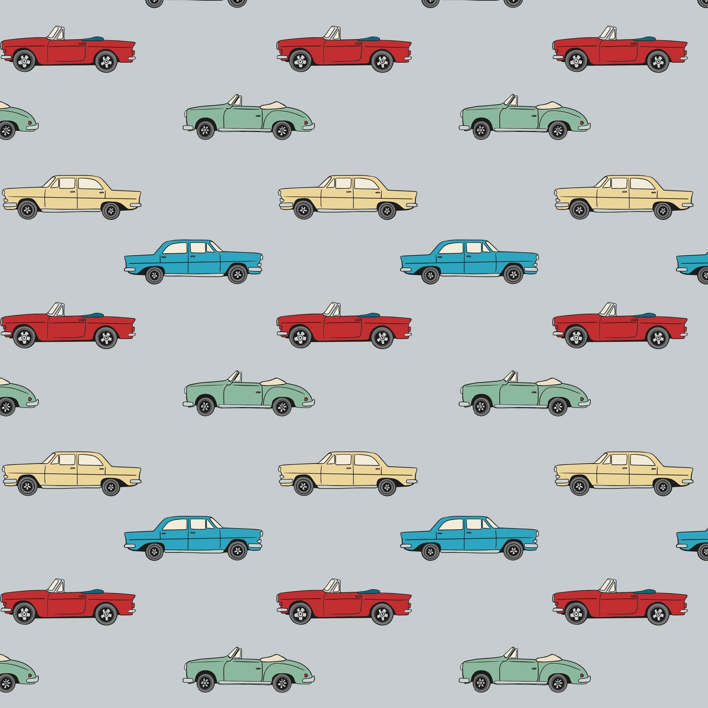 grey_A wallpaper with a pattern featuring vintage cars in colors blue, red, yellow, and green on a grey background.