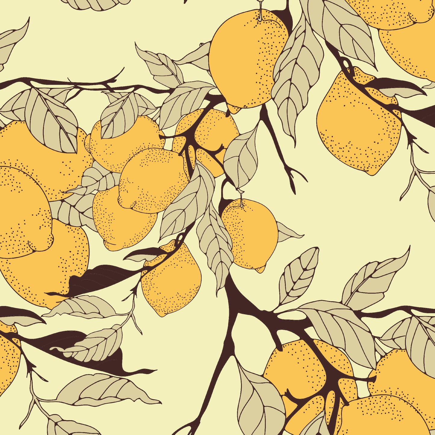 light-yellow_A wallpaper with a light yellow background featuring various yellow lemons with a branch-like pattern.