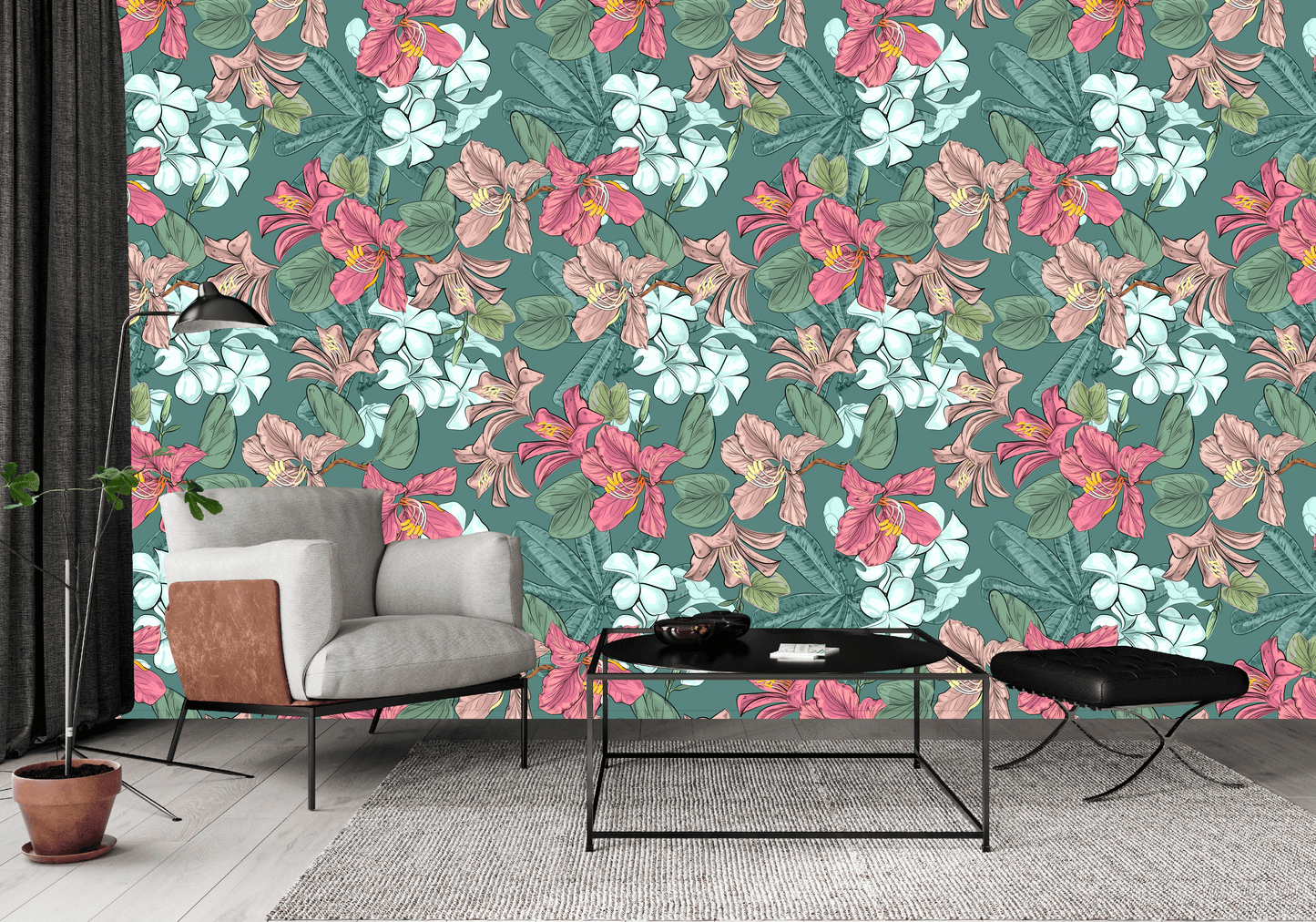 slate-green_boho floral pattern with slate green background and multi color flowers in a living room