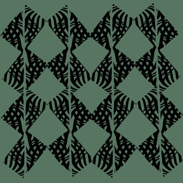 black-green_A section of wallpaper with a traditional geometric pattern in a black and green color.