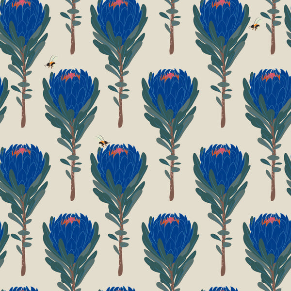 taupe_Seamless botanical pattern featuring stylized protea flowers in deep blue with green foliage, accented by small illustrated bees, set against a soft neutral background for a bold yet refined look.