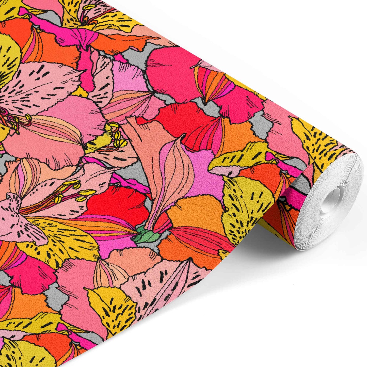 pink_Vibrant floral pattern featuring large, overlapping blossoms outlined in black, filled with bold shades of pink, coral, orange, and yellow, creating a lively, graphic, and high-energy design.