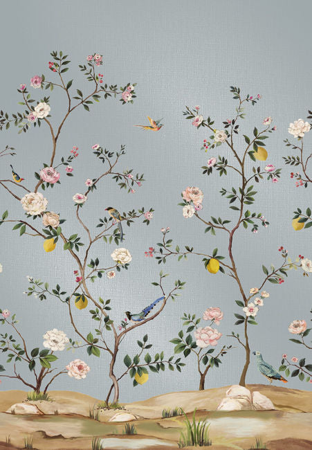 Blossom Mural - 75 in in Blue Metallic Linen
