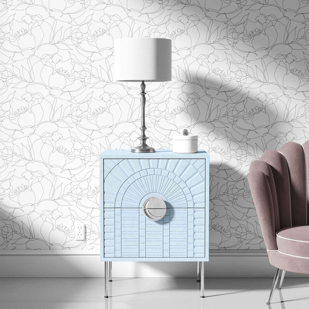 white_A room with light black traditional wallpaper featuring a subtle floral pattern. The room includes a side table with a lamp, a chair