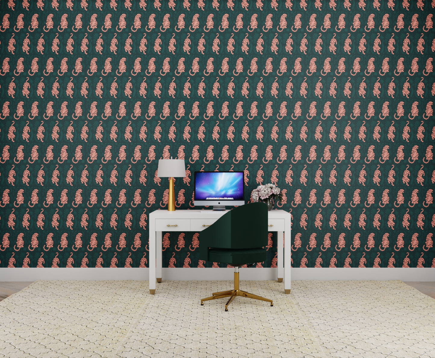 green_wallpaper featuring black and pink tiger designs on a green background.
