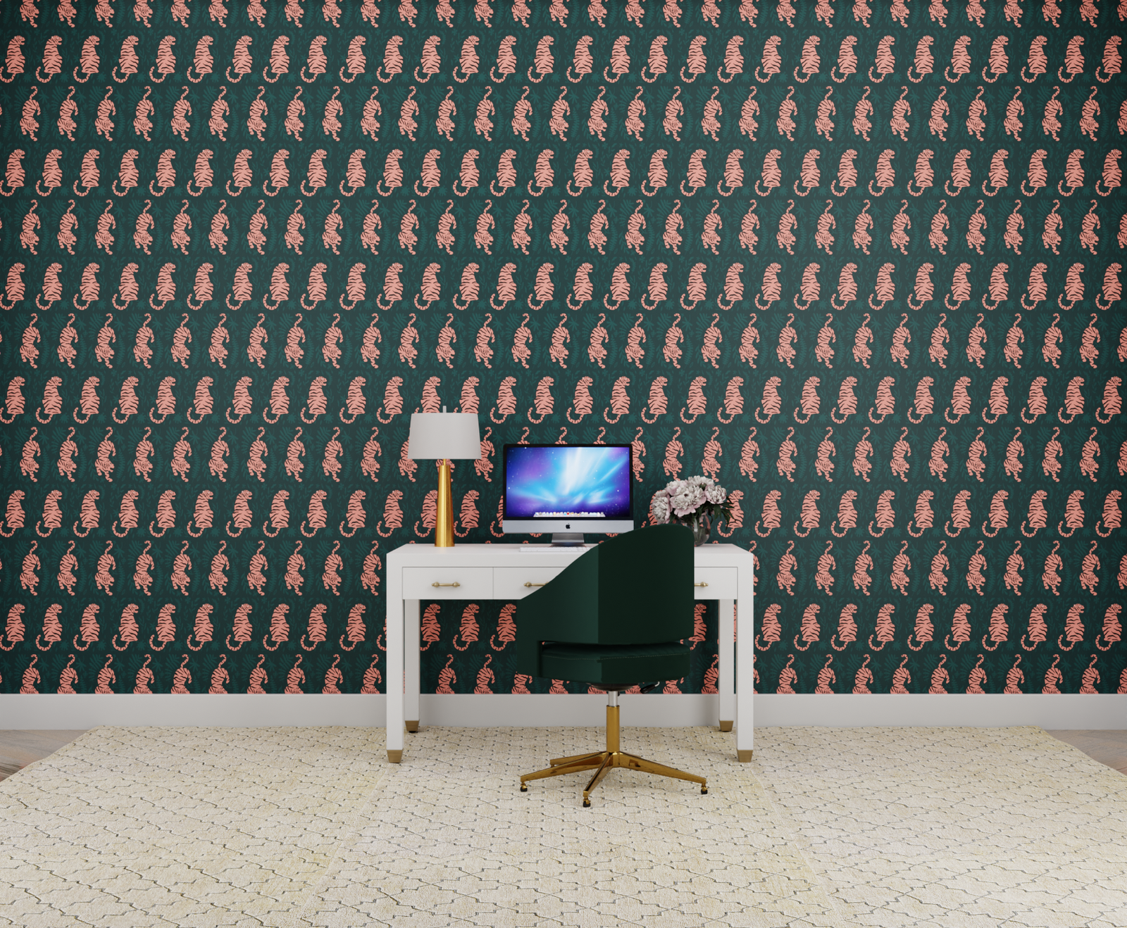 green_wallpaper featuring black and pink tiger designs on a green background.