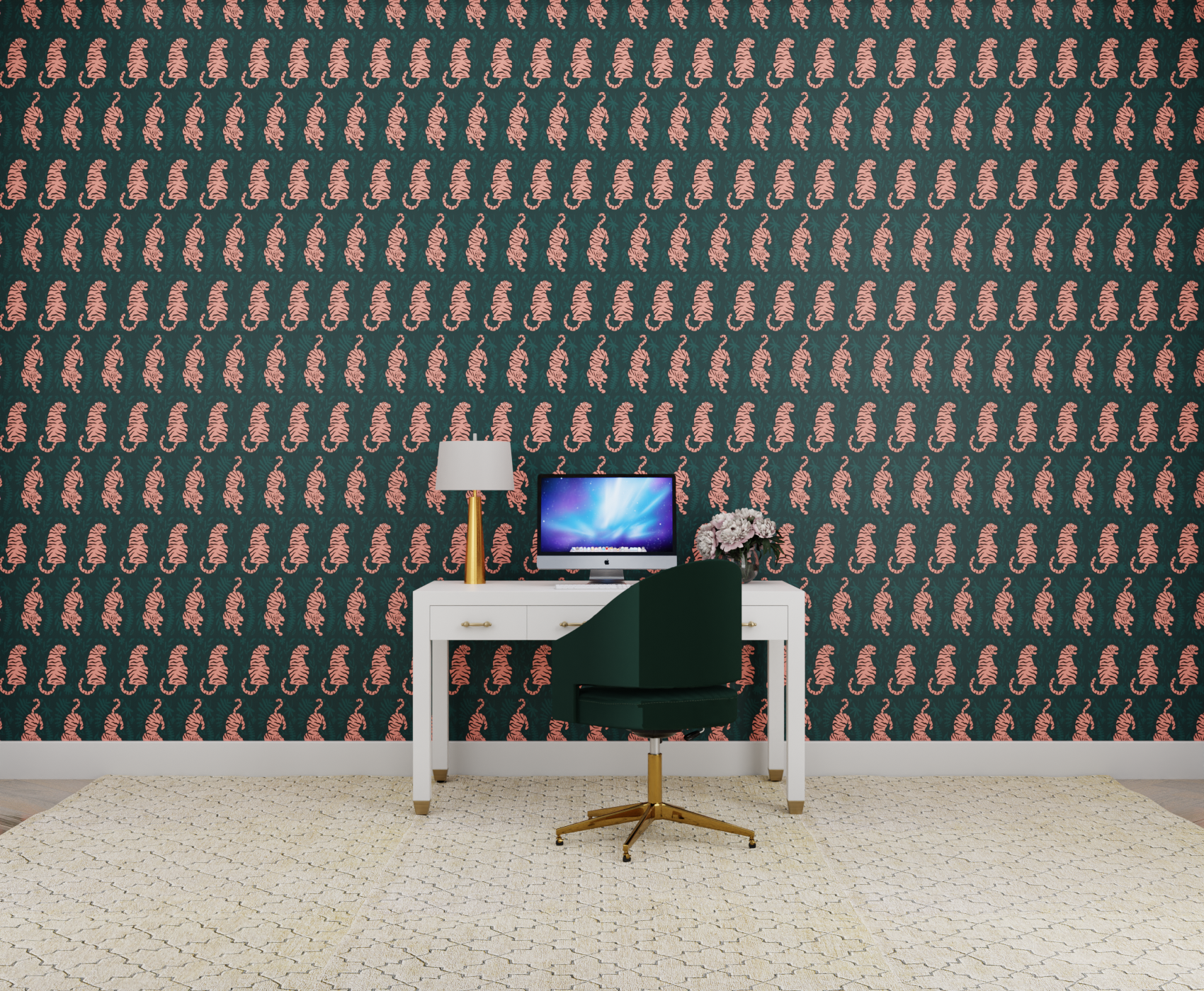 green_wallpaper featuring black and pink tiger designs on a green background.