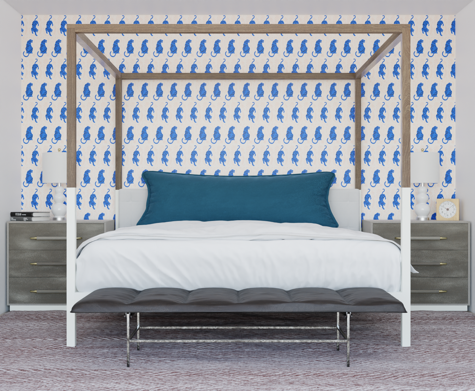 indigo_wallpaper featuring black and indigo tiger designs on a cream background.
