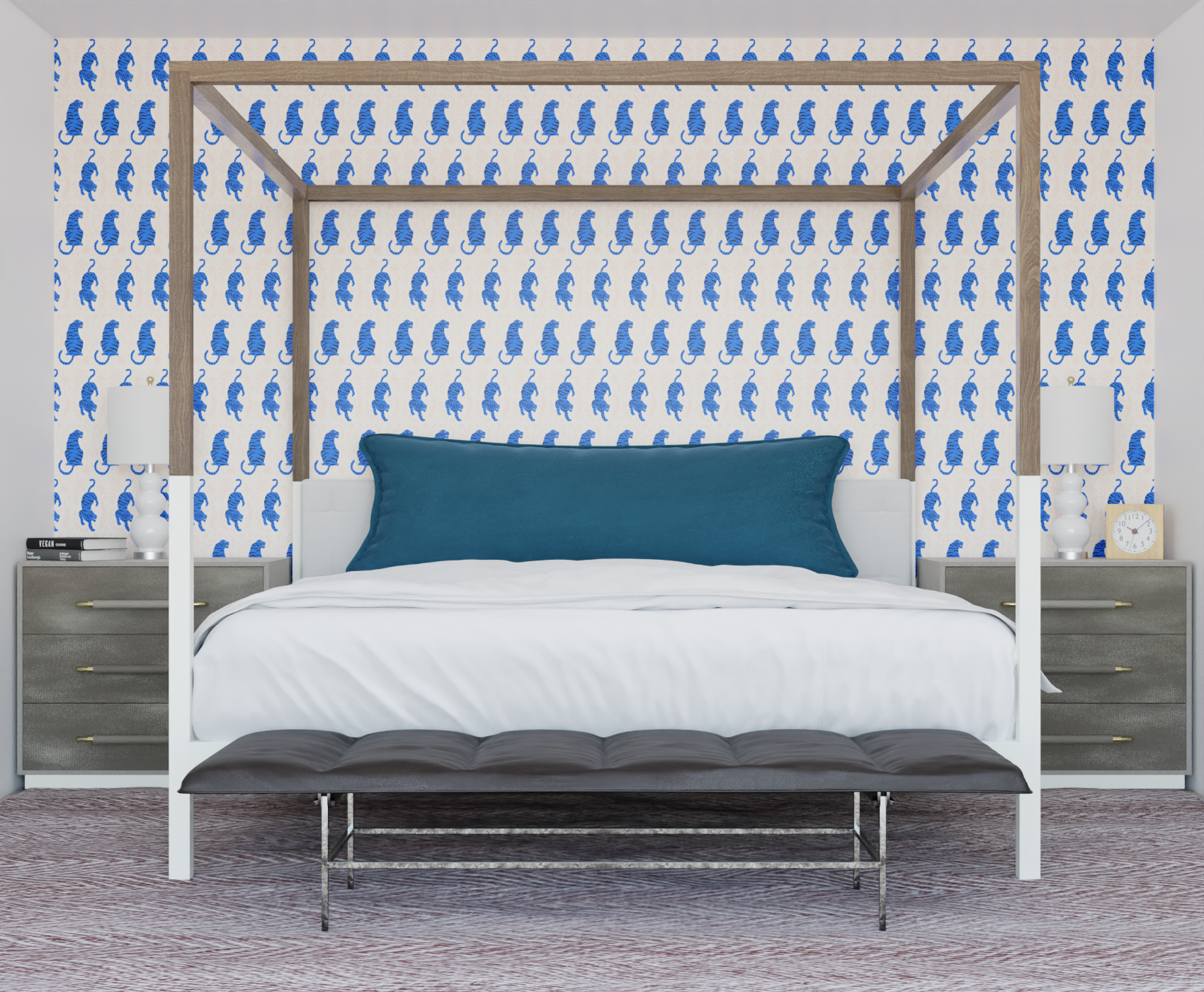 indigo_wallpaper featuring black and indigo tiger designs on a cream background.