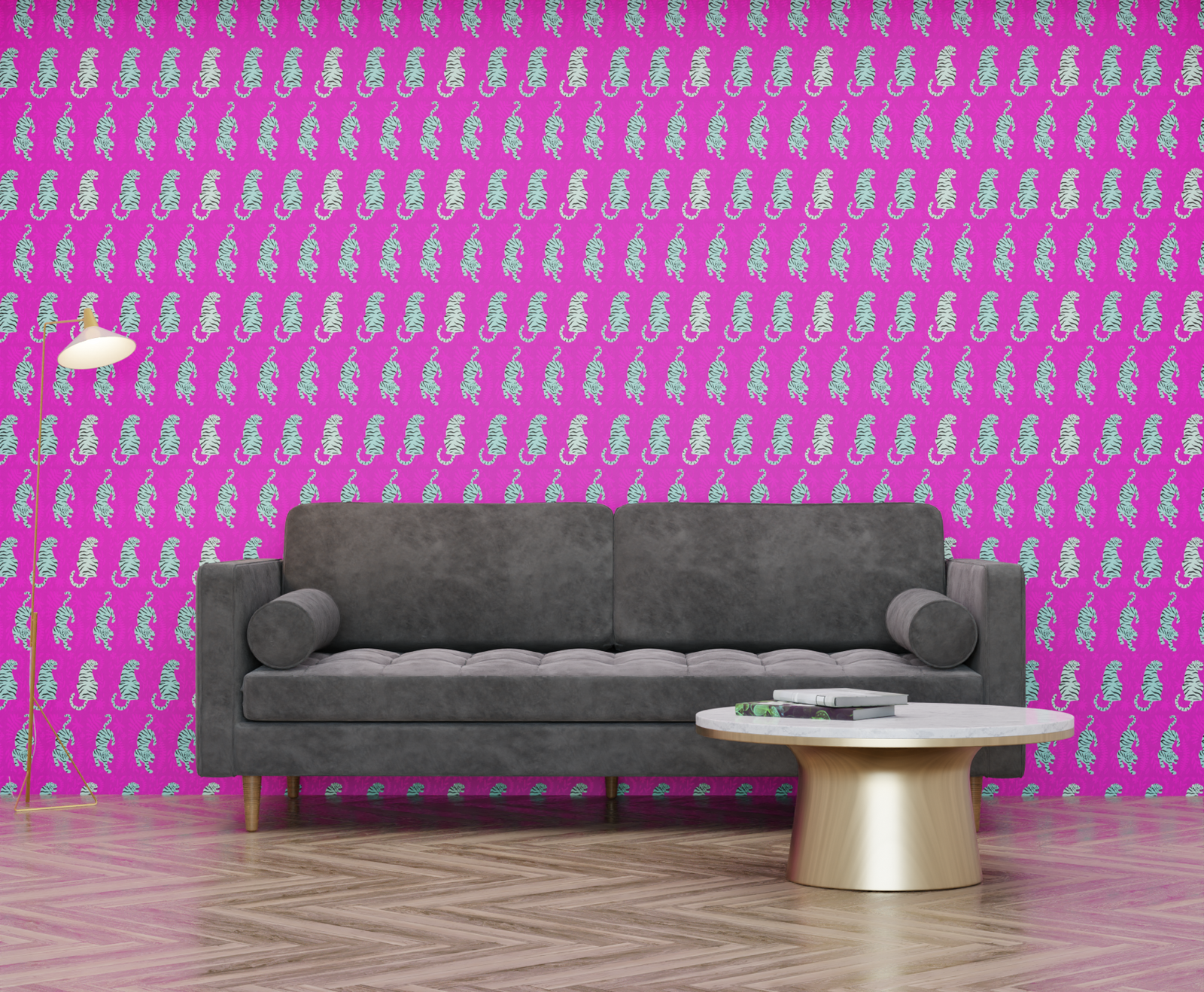 magenta_wallpaper featuring black and mint tiger designs on a magenta background.