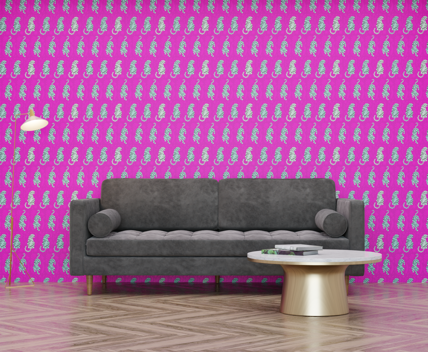 magenta_wallpaper featuring black and mint tiger designs on a magenta background.