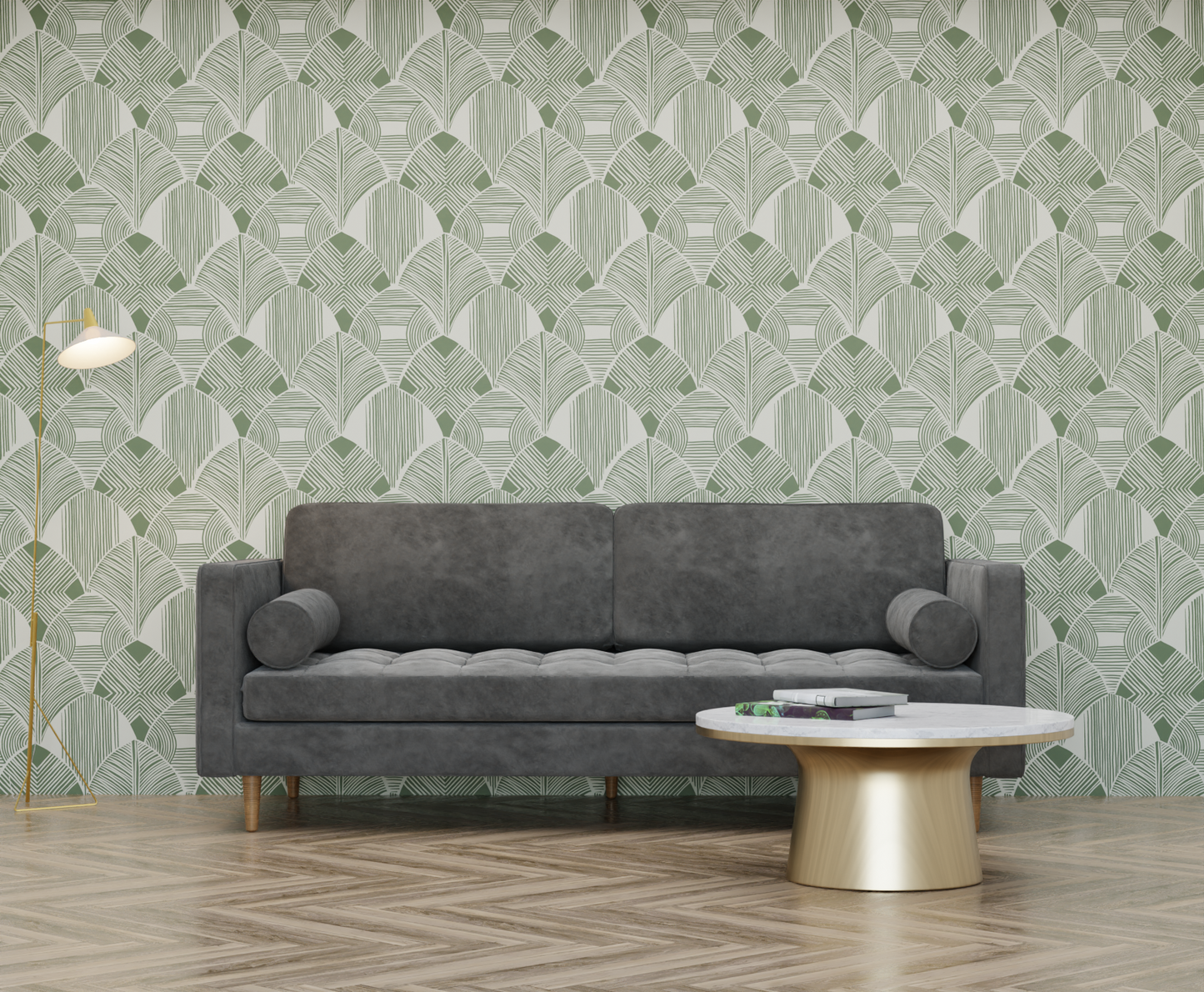 sage_wallpaper with a geometric pattern featuring Art Deco influences in green color.