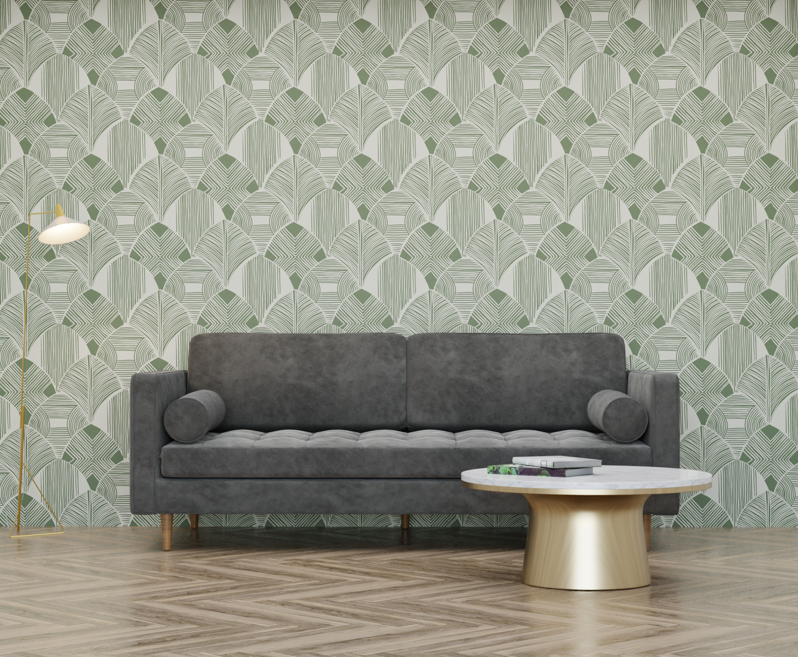 sage_wallpaper with a geometric pattern featuring Art Deco influences in green color.