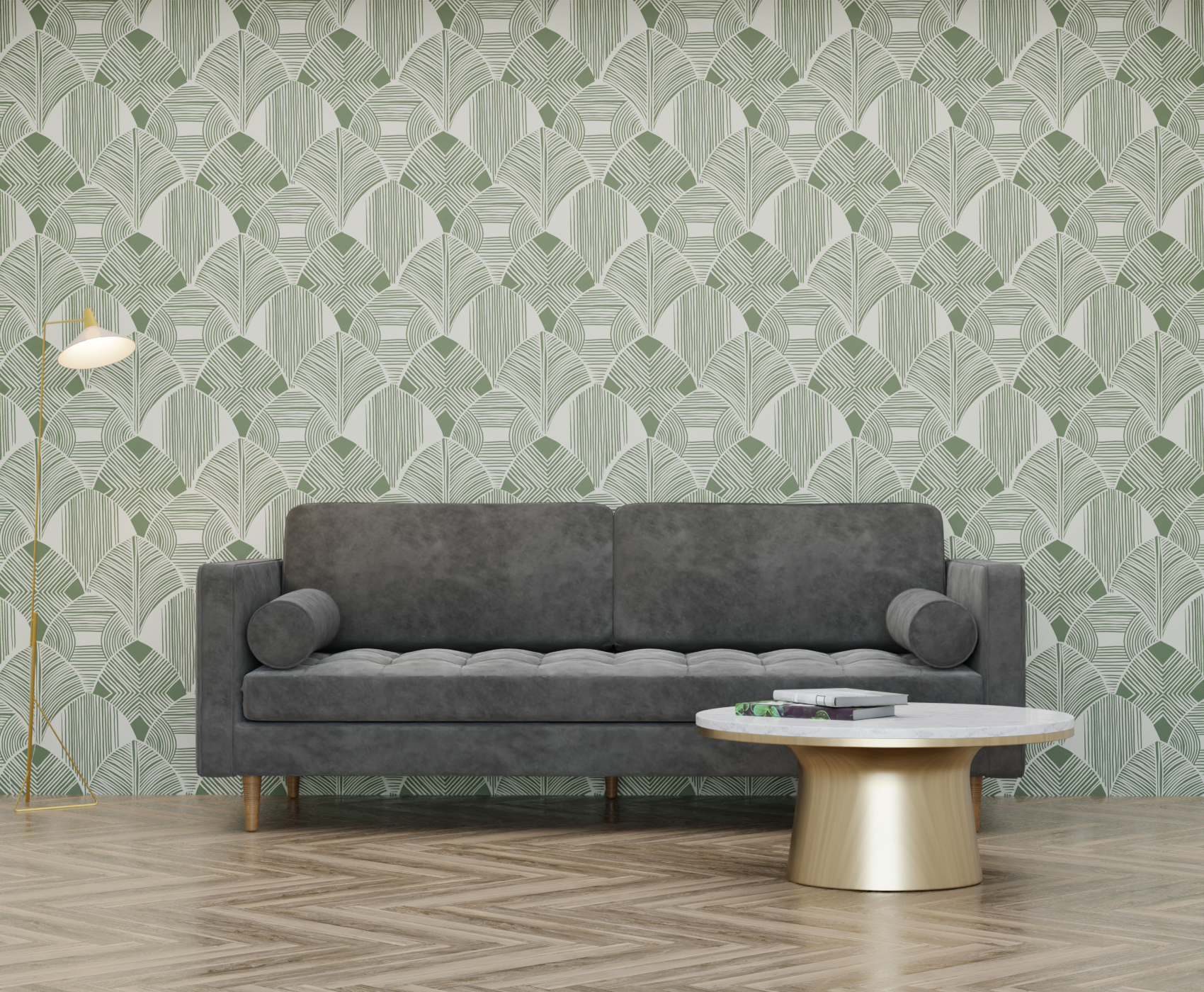 sage_wallpaper with a geometric pattern featuring Art Deco influences in green color.