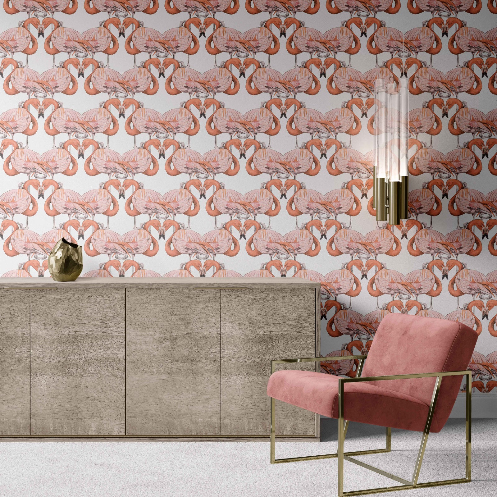 white_Modern interior with flamingo patterned wallpaper, wooden cabinet, and pink chair.