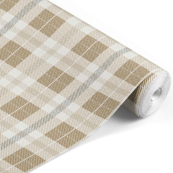 tan_A roll of wallpaper with a beige and white plaid pattern.