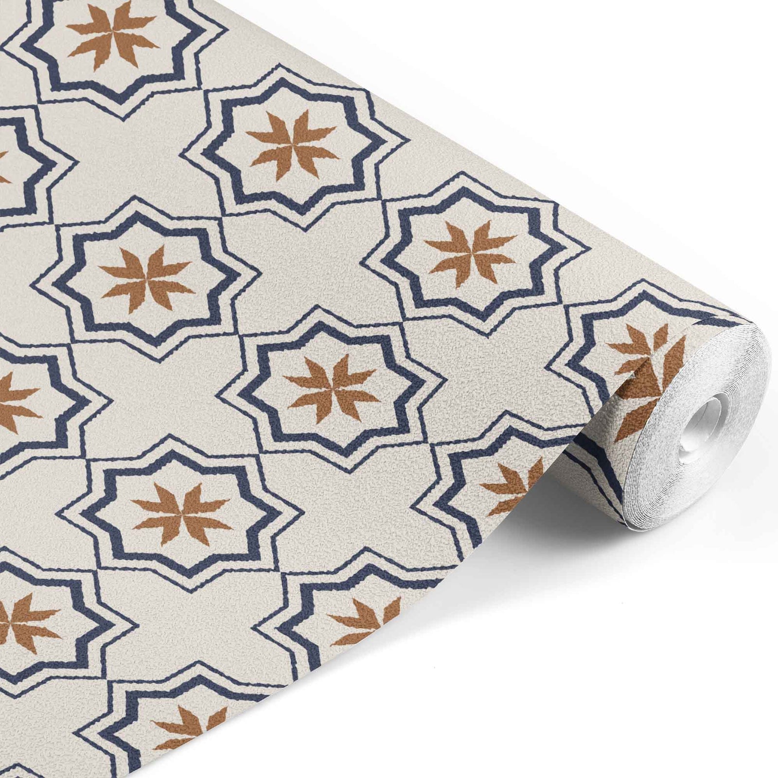 tan_A rolled-up wallpaper with a geometric pattern featuring gold, green, lilac, and red colors on a beige background.
