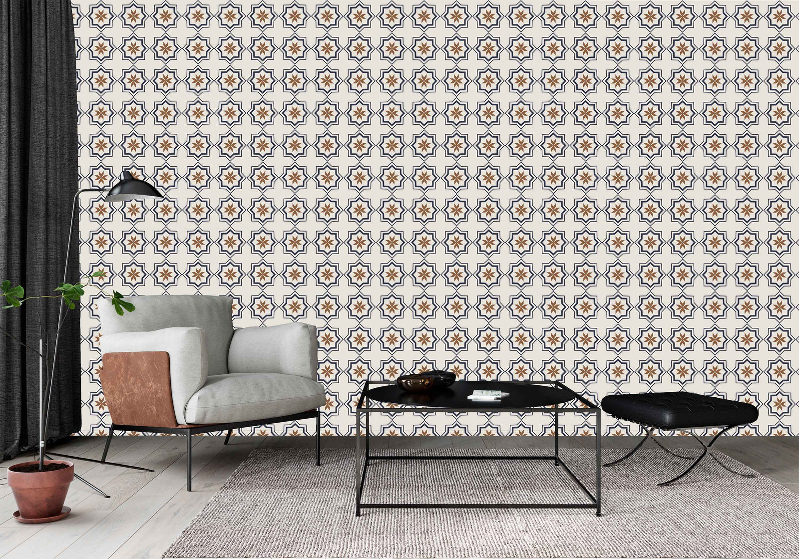 tan_Living room with patterned wallpaper and modern furniture