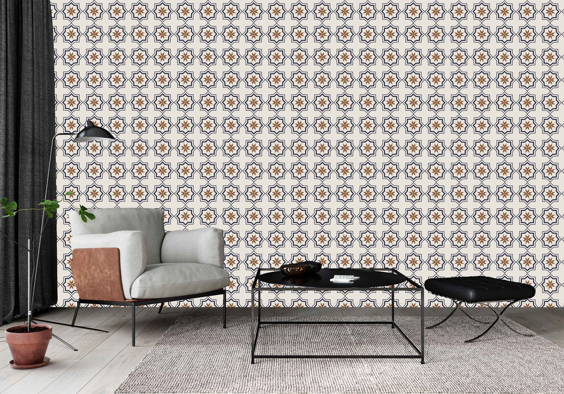 tan_Living room with patterned wallpaper and modern furniture